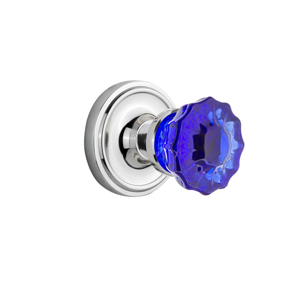 Nostalgic Warehouse CLACRC Colored Crystal Classic Rosette Single Dummy Crystal Cobalt Glass Door Knob in Bright Chrome